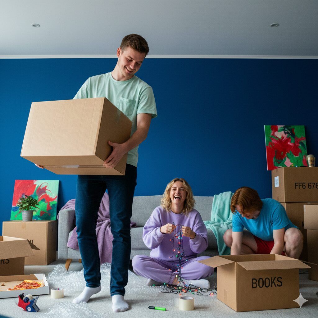 Tres personas organizando cajas durante una mudanza en un salón, preparando libros y objetos para cambiar de casa de forma rápida y económica.